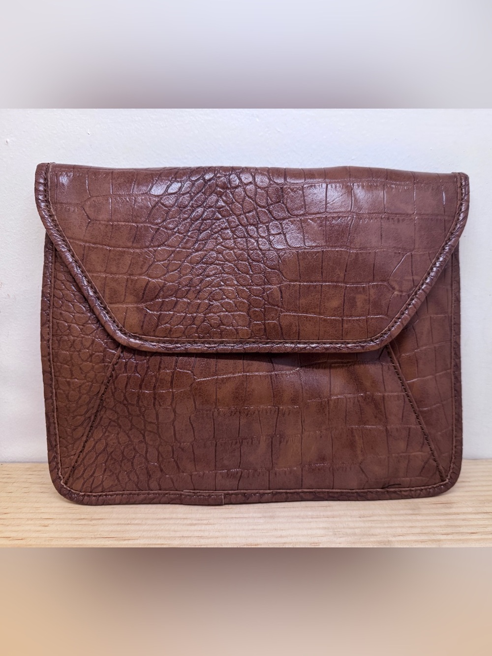 Brown Croc-Embossed Leather Clutch